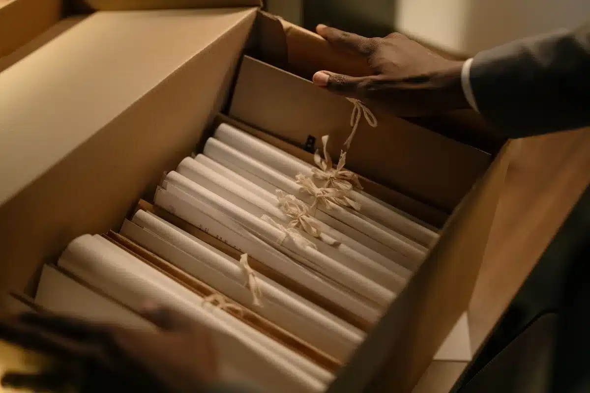 Ficheiros e documentos de arquivo em caixas, representando registos policiais históricos