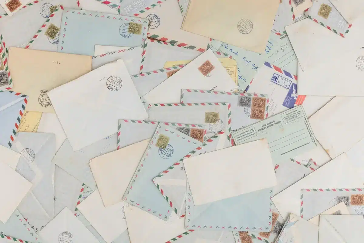 Cartas e envelopes antigos, simbolizando correspondência interceptada pela polícia
