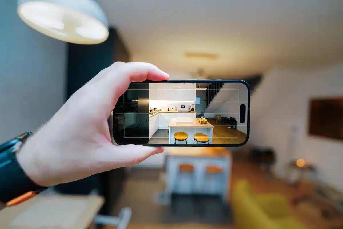Mão segurando um telemóvel com anúncio de aluguel de habitação na plataforma imobiliária