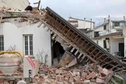 Edifícios destruídos e escombros após sismo, com equipas de resgate no local