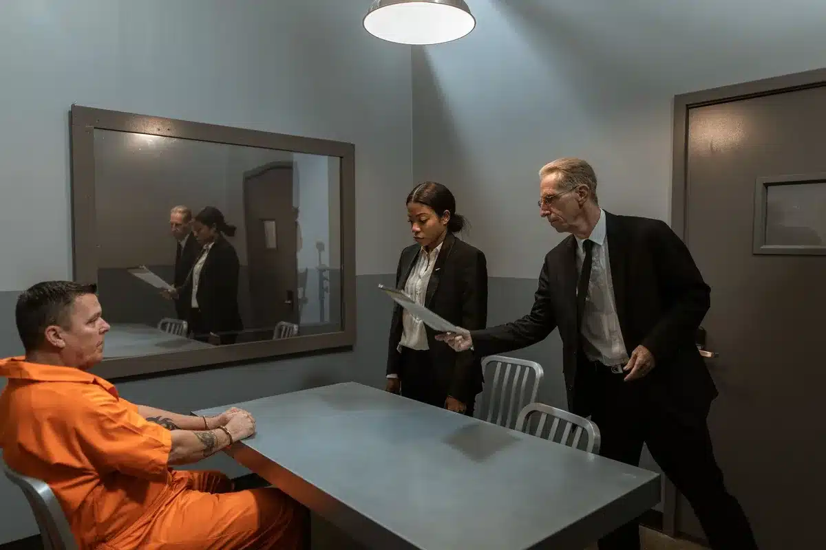 Sala de detenção policial com mesa de interrogatório em ambiente seguro.