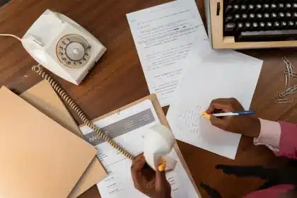 Jornalista a trabalhar numa secretária com documentos e computador