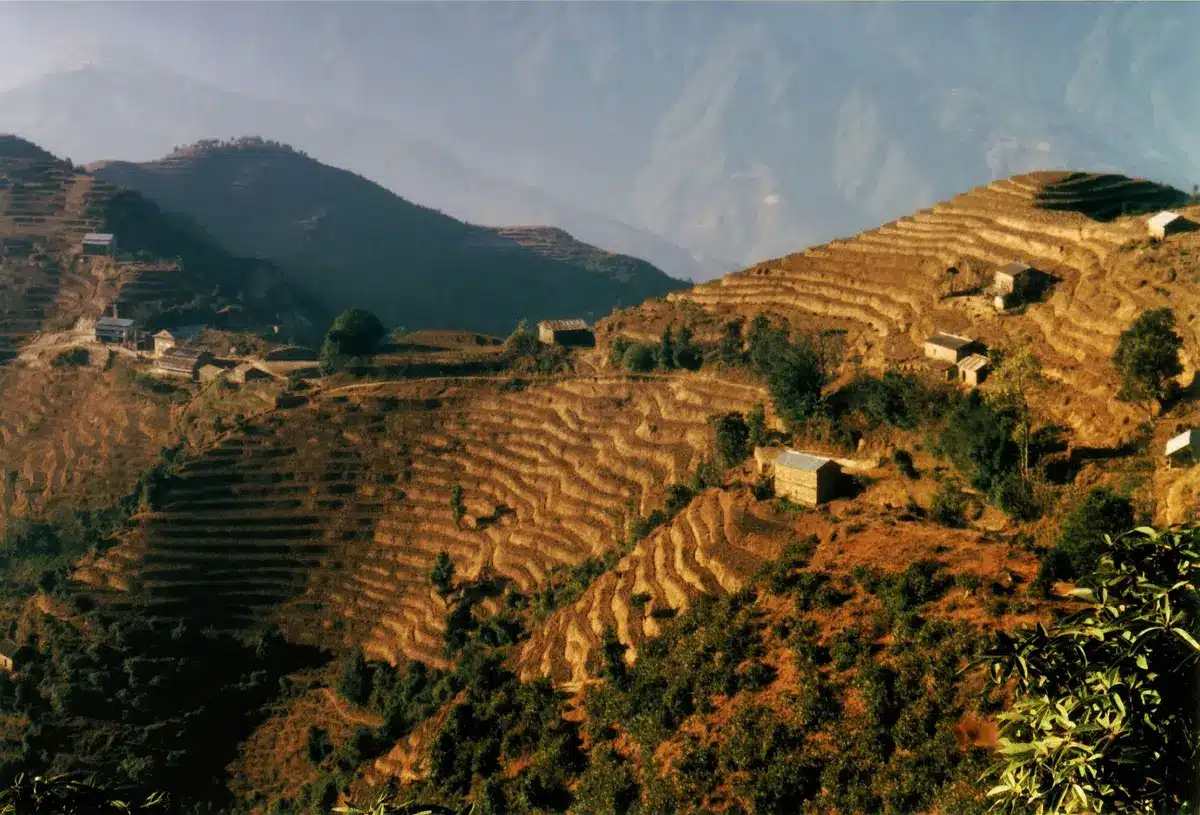 Paisagem de aldeia montanhosa com terraços de cultivo de milho e feijão