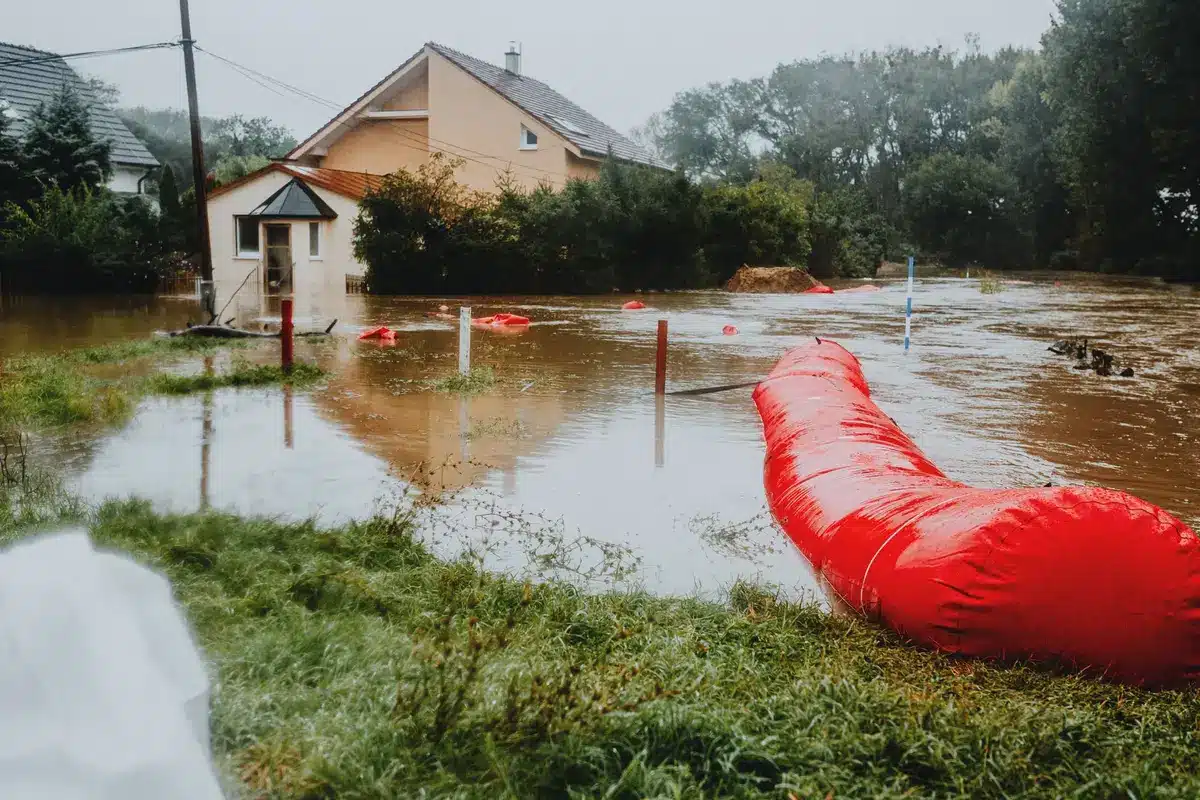 Chuva intensa e escoamento de água em rio durante condições meteorológicas adversas