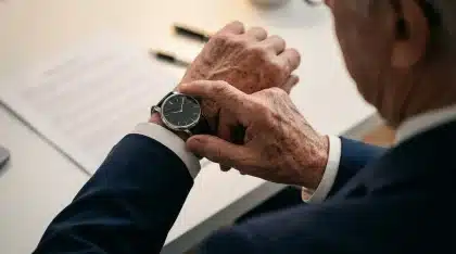 Mãos anónimas sobre mesa com papéis e gravador, luz fria, simbolizando decisões públicas