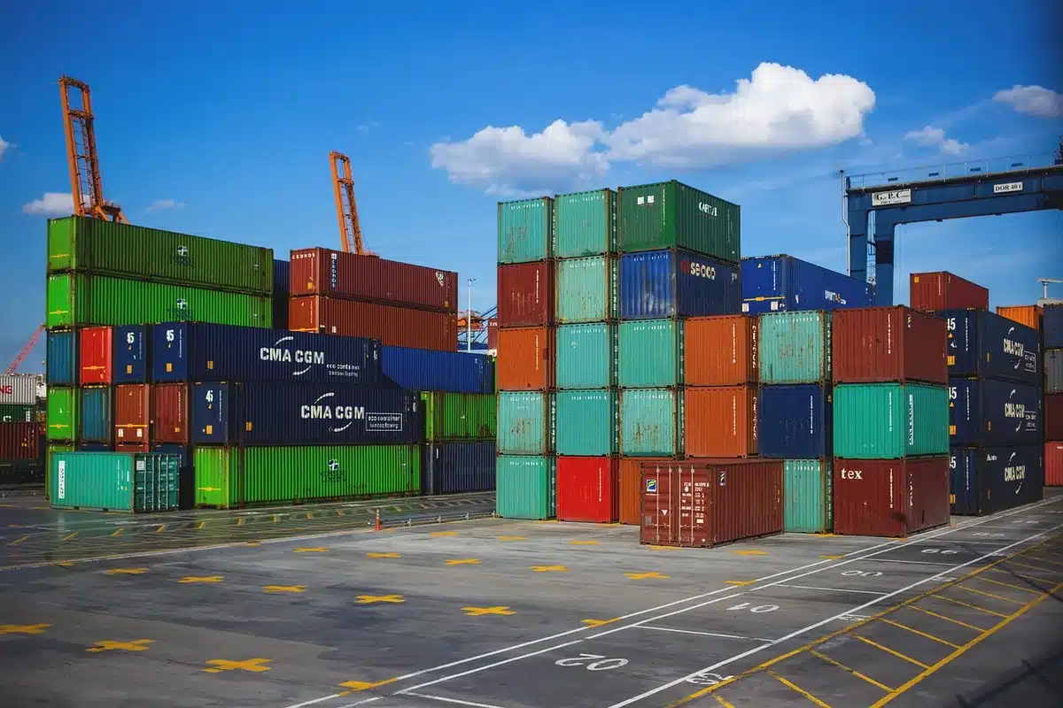 Contentores empilhados num porto, simbolizando fluxos de exporta&ccedil;&atilde;o